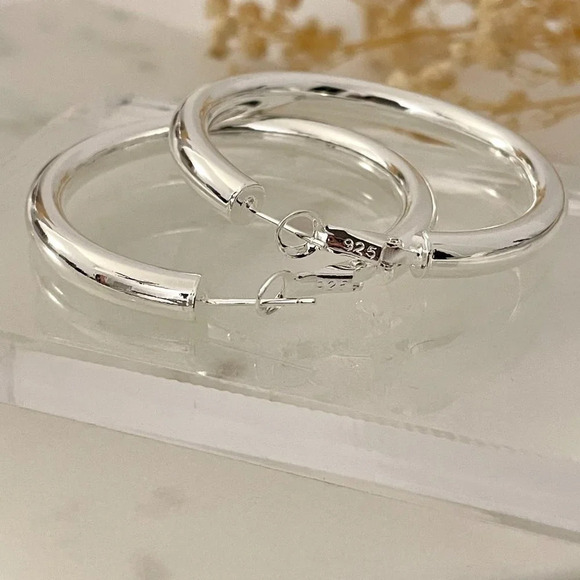 925 Sterling Silver Hoop Earrings Large Silver Hoops Chunky Earrings - Picture 4 of 5